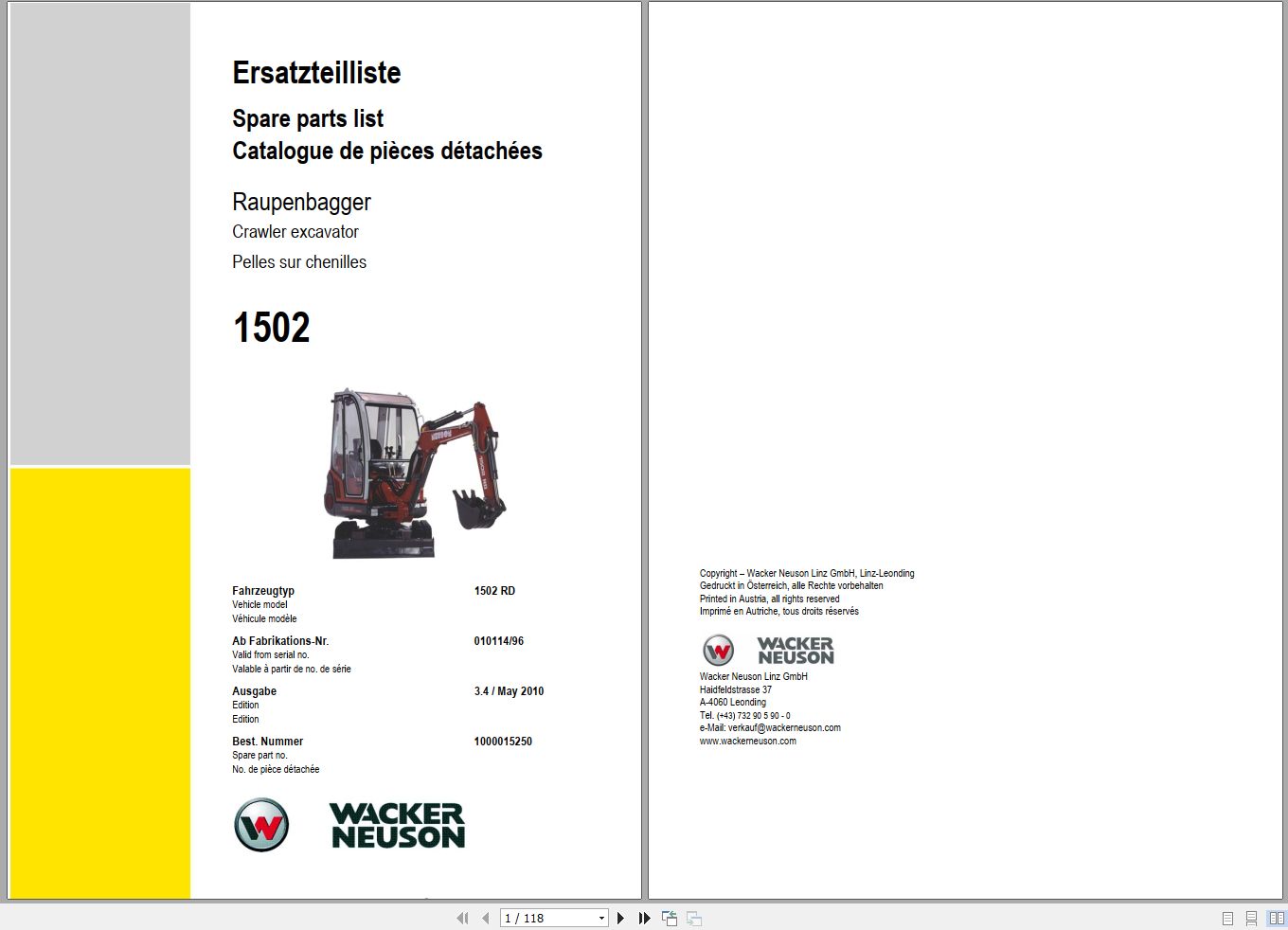 Wacker Neuson Excavator 1502 RD Spare Parts List 1000015250 1