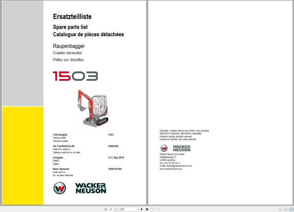 Wacker Neuson Excavator 1503 Spare Parts List 1000141528 1