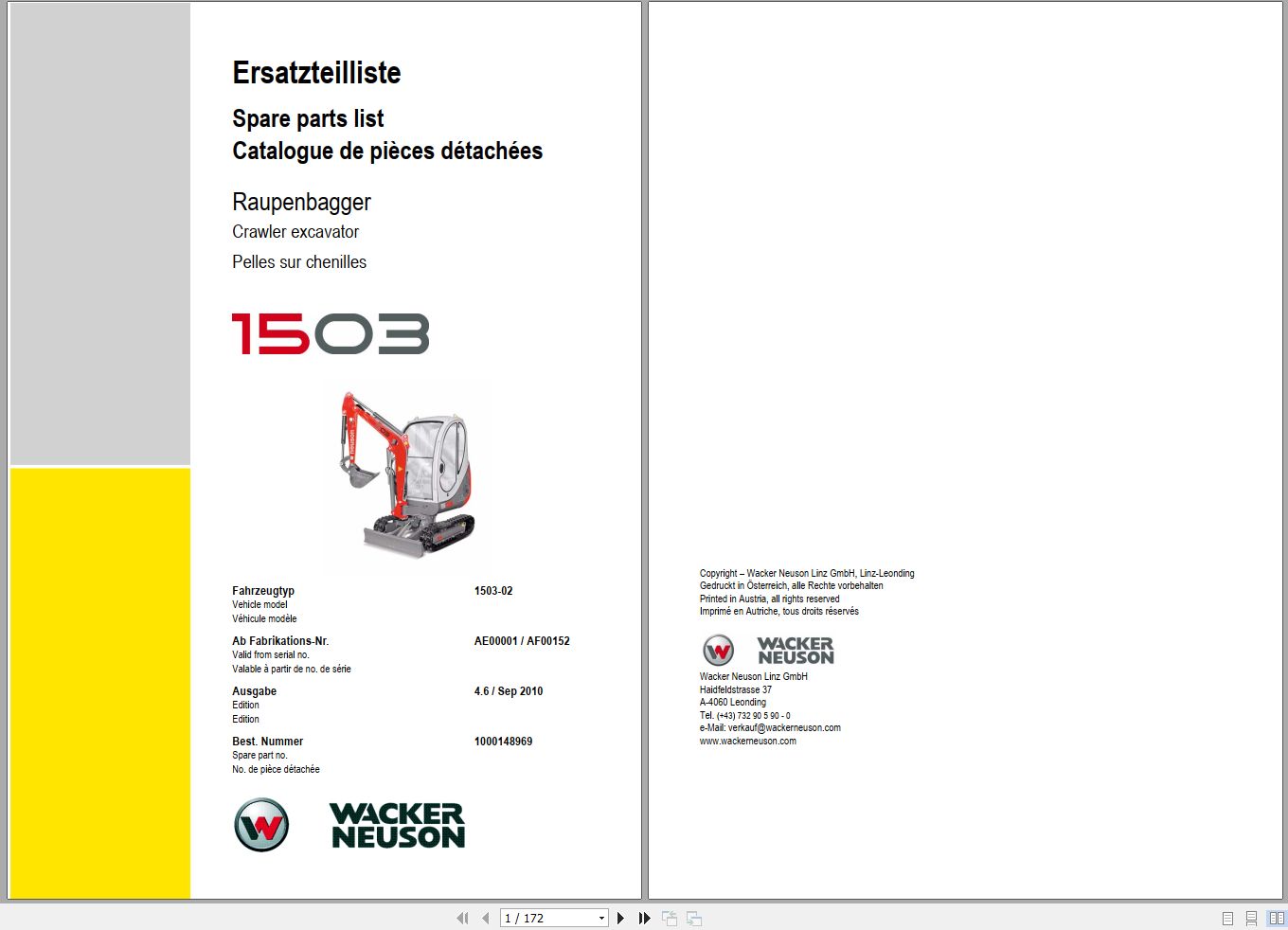 Wacker Neuson Excavator 1503 Spare Parts List 1000148969 1