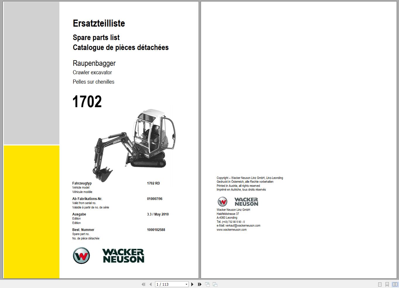 Wacker Neuson Excavator 1702 Spare Parts List 1000182588 1