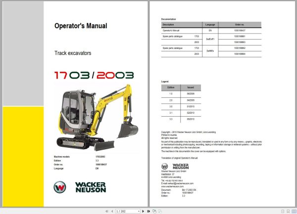 Wacker Neuson Excavator 1703 2003 Operating Manual 1000188437 1