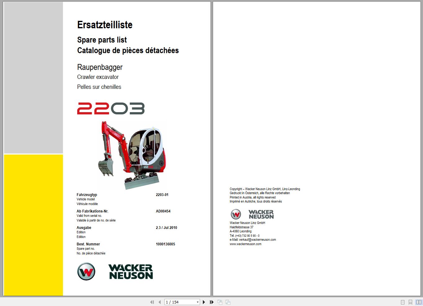 Wacker Neuson Excavator 2203 Spare Parts List 1000136005 1