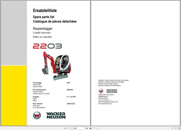 Wacker Neuson Excavator 2203 Spare Parts List 1000141542 1