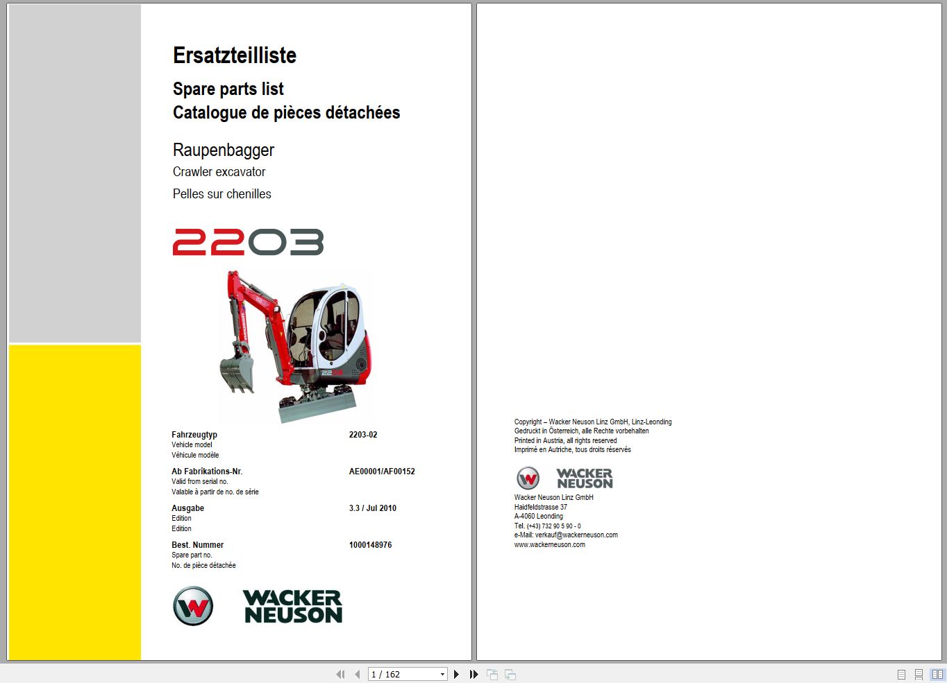 Wacker Neuson Excavator 2203 Spare Parts List 1000148976 1