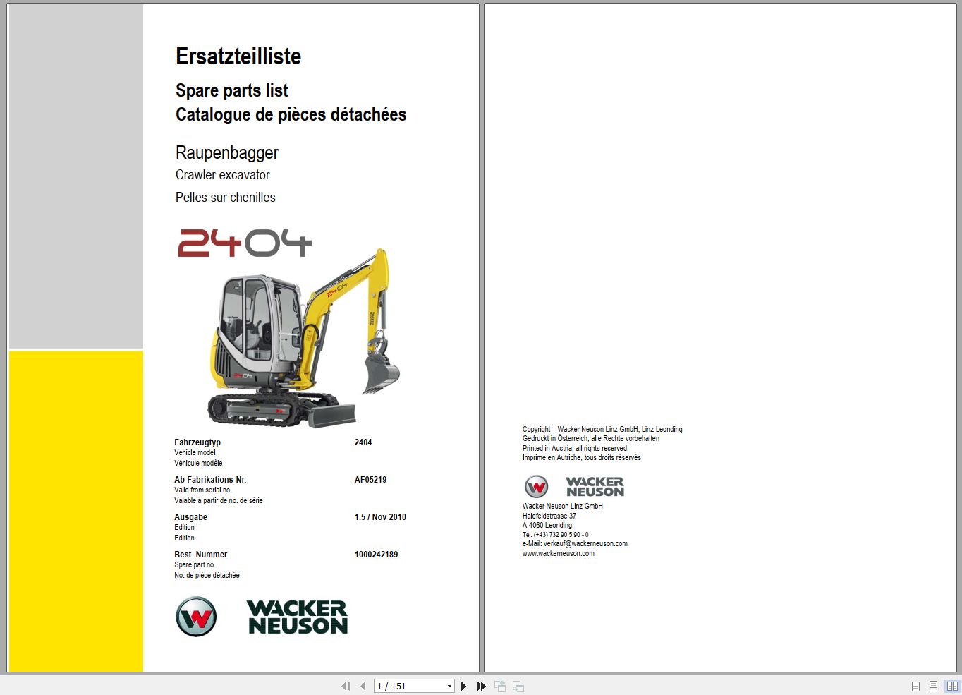 Wacker Neuson Excavator 2404 AF05219 Spare Parts List 1000242189 1