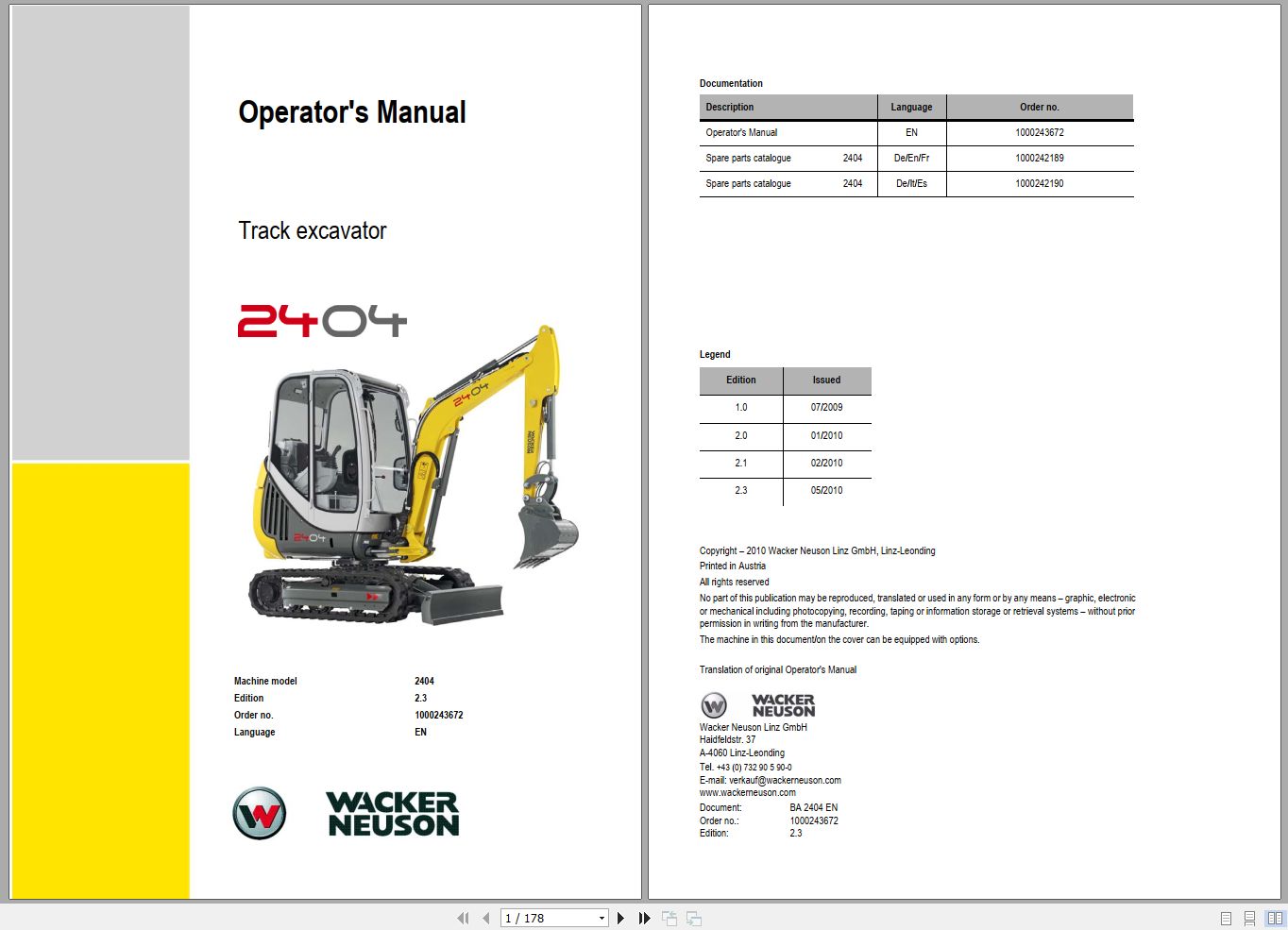 Wacker Neuson Excavator 2404 Operating Manual 1000243672 1