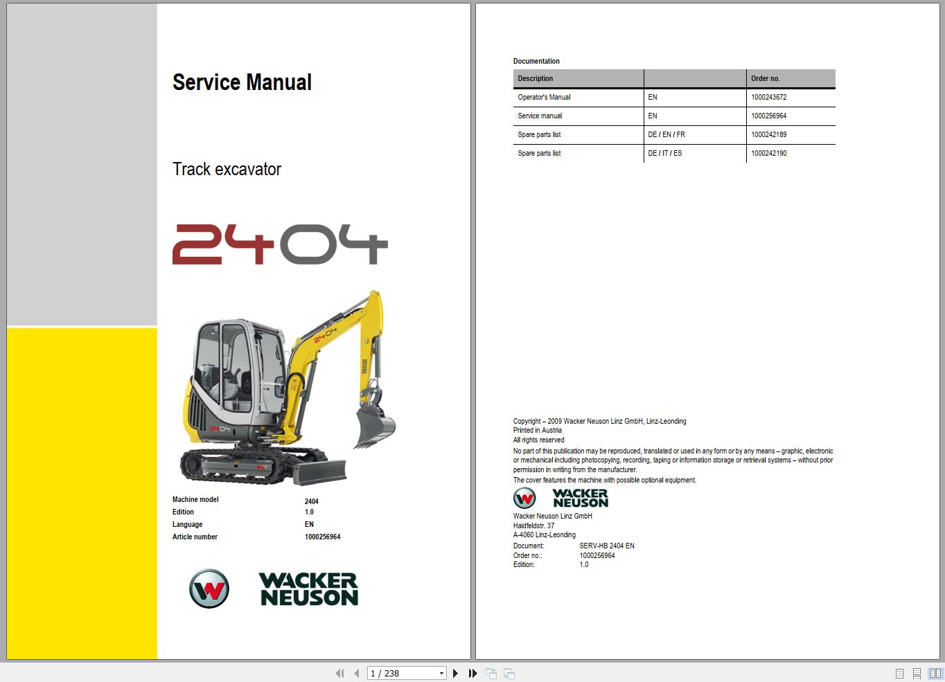 Wacker Neuson Excavator 2404 Service Manual and Diagram 1000256964 1