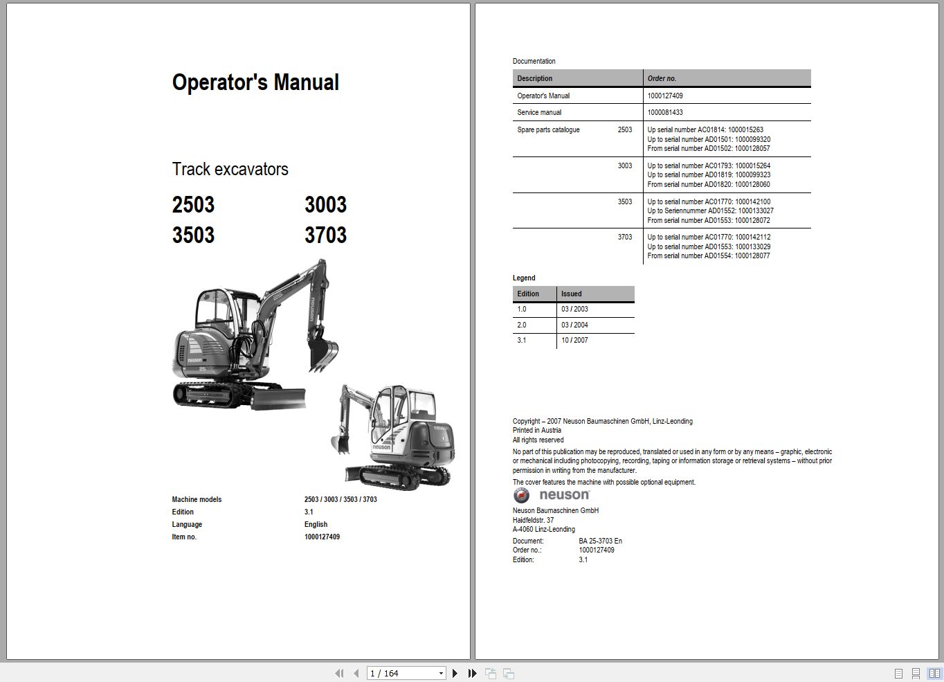 Wacker Neuson Excavator 2503 3003 3503 3703 Operating Manual 1000127409 1