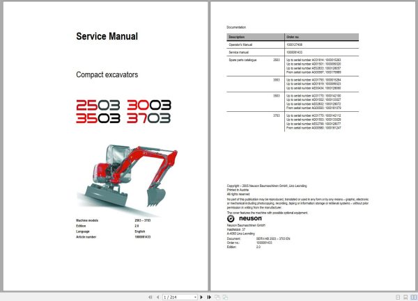 Wacker Neuson Excavator 2503 3003 3503 3703 Service Manual and Diagram 1000081433 1