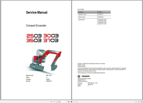 Wacker Neuson Excavator 2503 3503 3003 3703 Service Manual and Diagram 1000081433 1