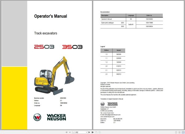 Wacker Neuson Excavator 2503 3503 Operating Manual 1000188382 1