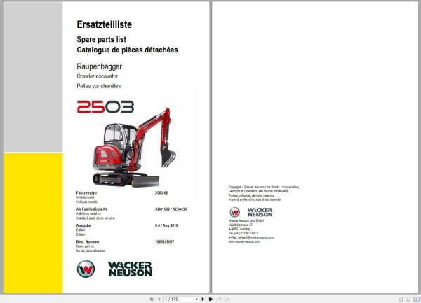 Wacker Neuson Excavator 2503 Spare Parts List 1000128057 1