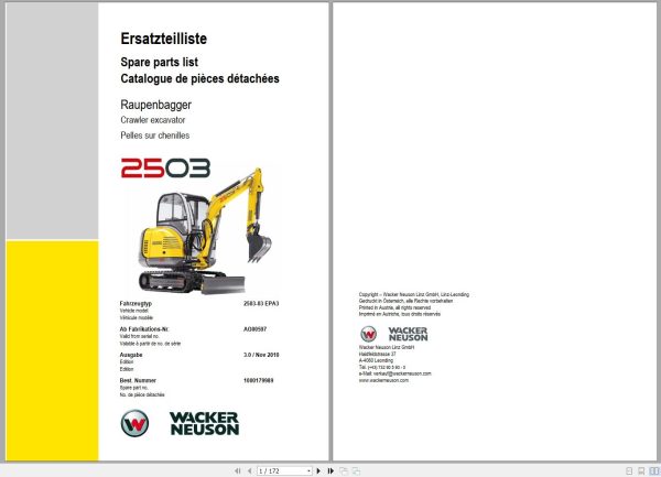 Wacker Neuson Excavator 2503 Spare Parts List 1000179989 1