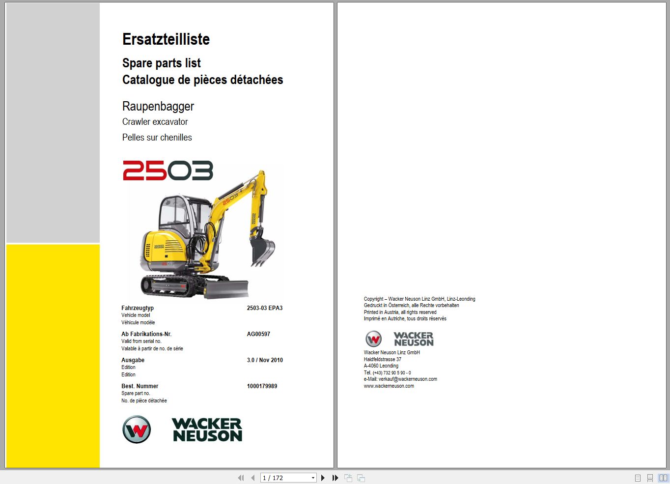 Wacker Neuson Excavator 2503 Spare Parts List 1000179989 1