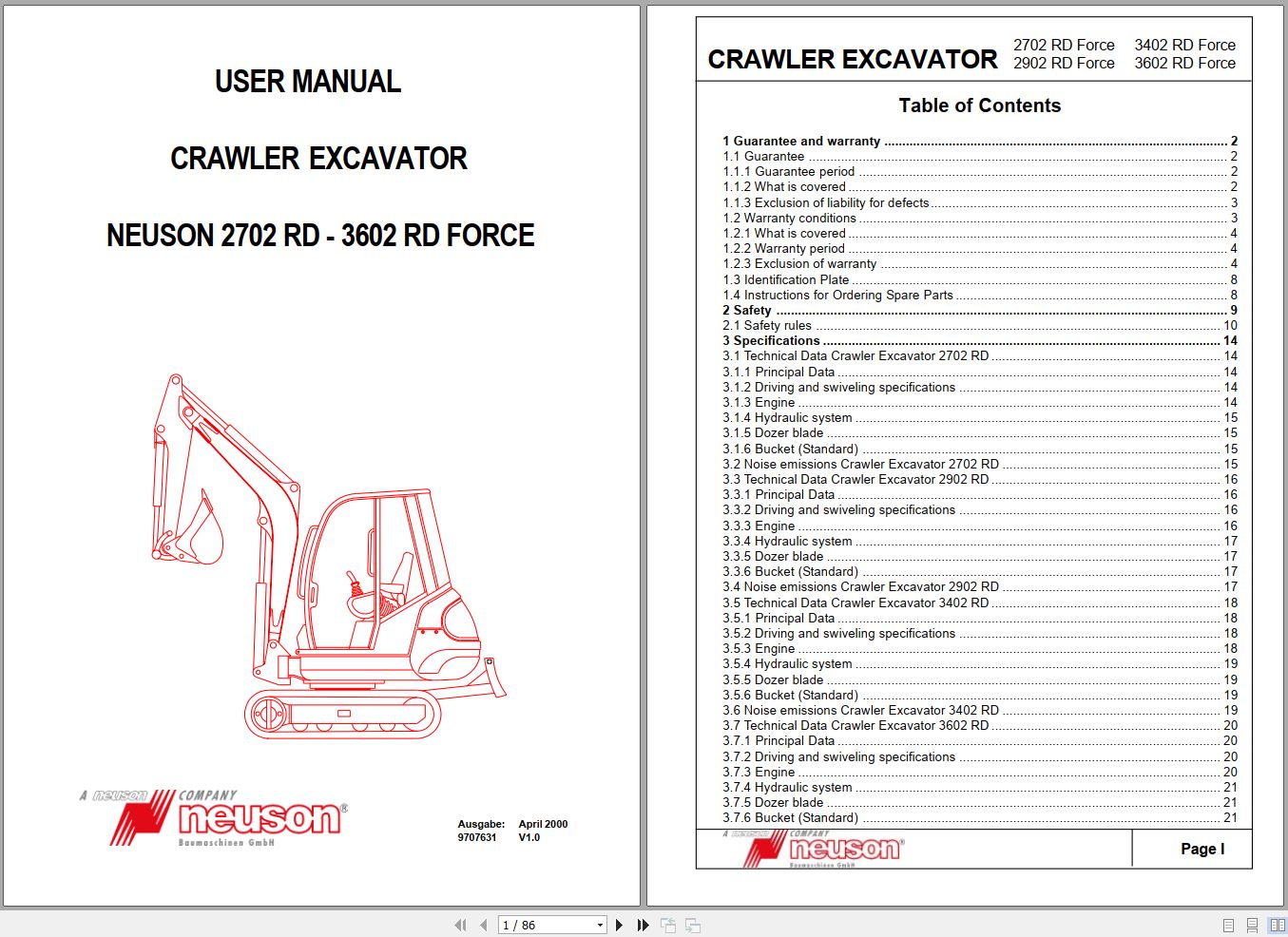 Wacker Neuson Excavator 2702 3602 RD Force Operating Manual 9707631 1