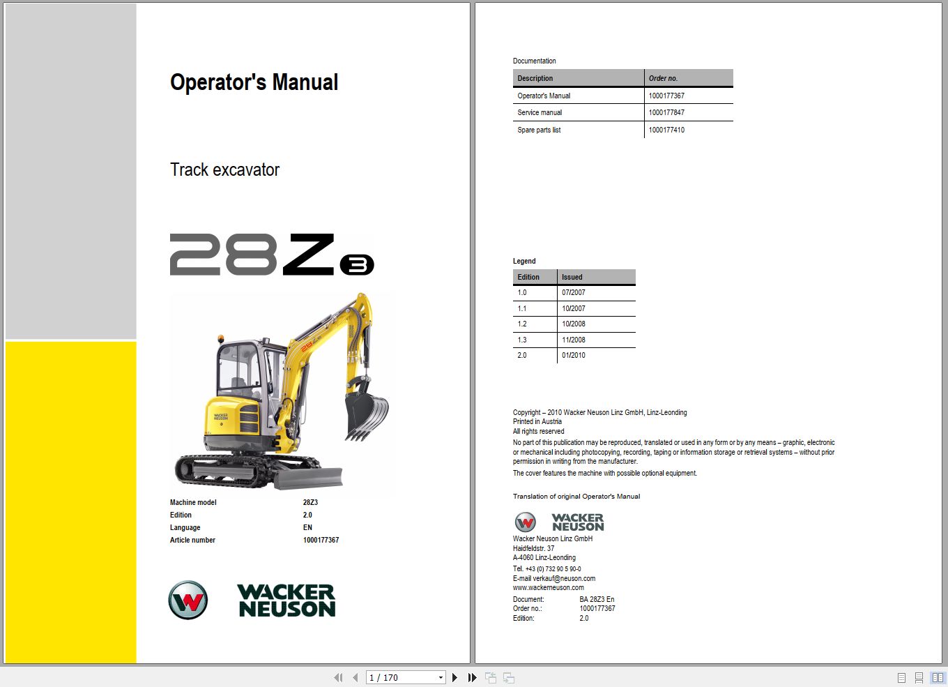 Wacker Neuson Excavator 28Z3 2.0 Operating Manual 1000177367 1