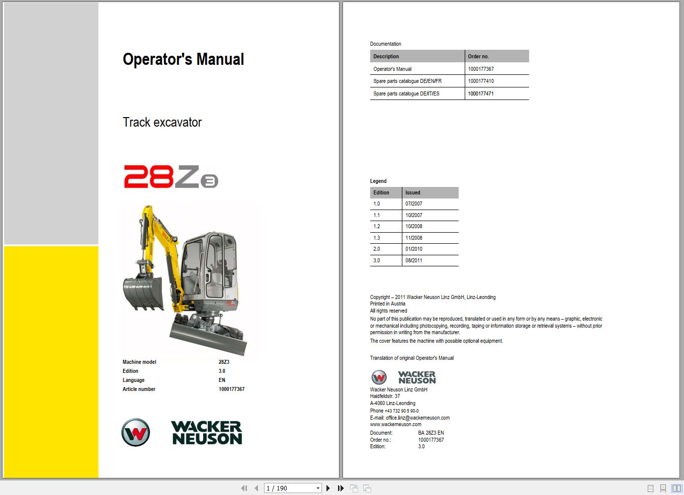 Wacker Neuson Excavator 28Z3 3.0 Operating Manual 1000177367 1