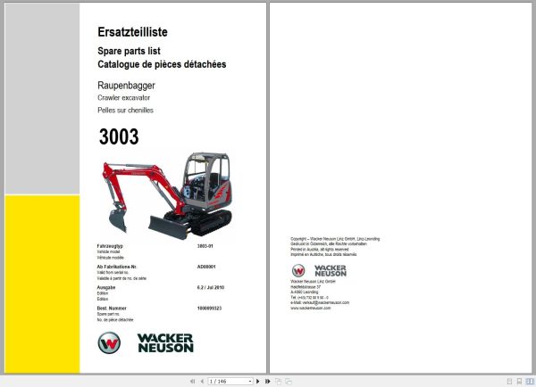 Wacker Neuson Excavator 3003 Spare Parts List 1000099323 1