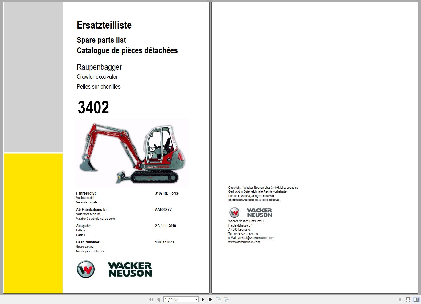 Wacker Neuson Excavator 3402 RD Force Spare Parts List 1000143073 1