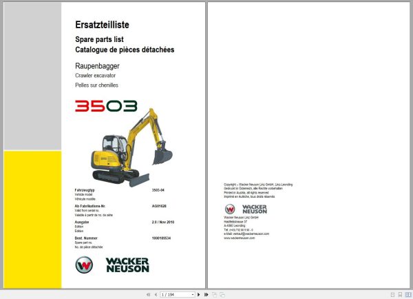 Wacker Neuson Excavator 3503 2.0 Spare Parts List 1000189534 1