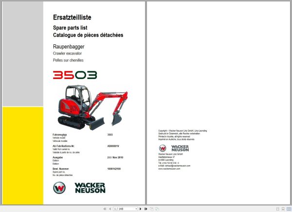Wacker Neuson Excavator 3503 Spare Parts List 1000142100 1