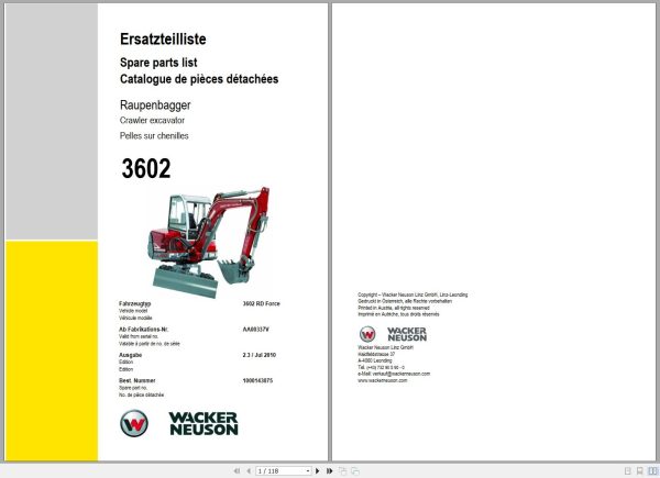 Wacker Neuson Excavator 3602 RD Force Spare Parts List 1000143075 1