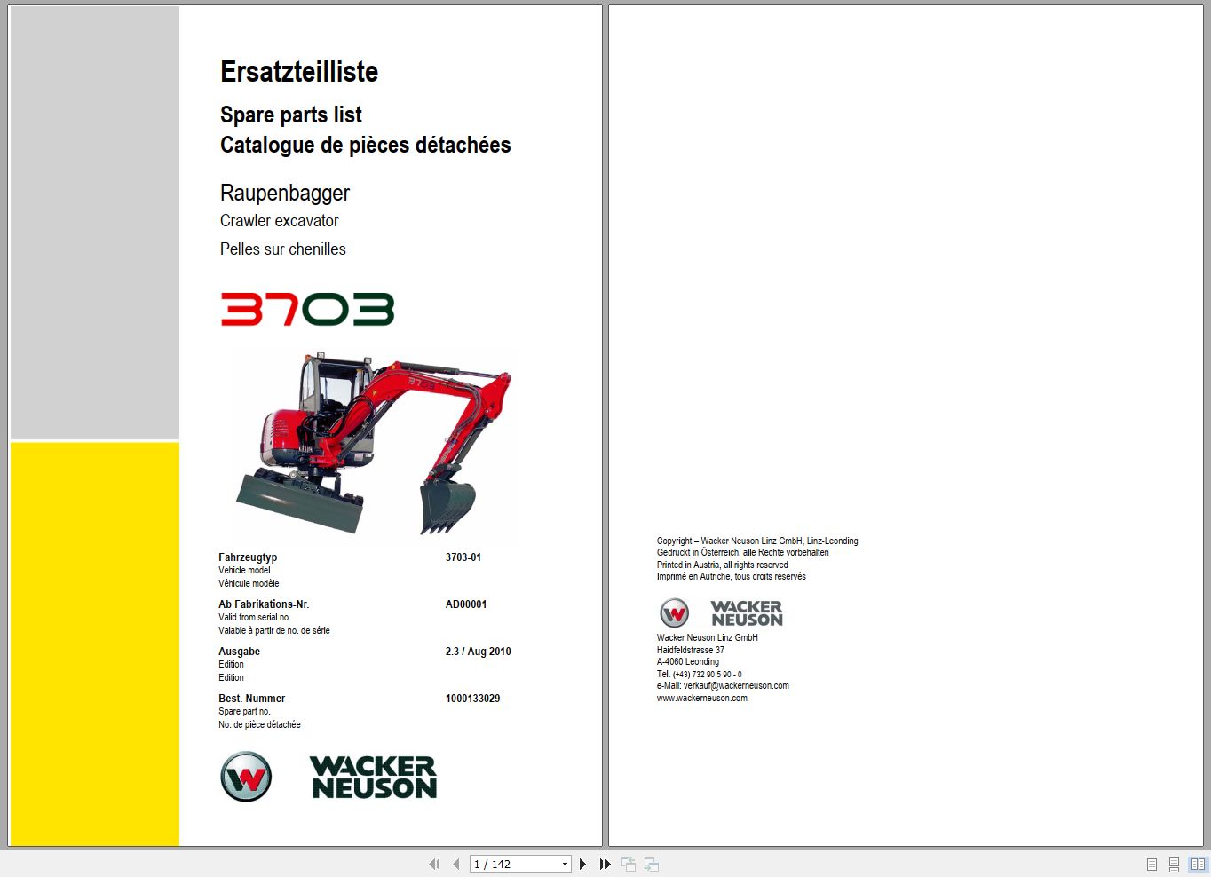 Wacker Neuson Excavator 3703 Spare Parts List 1000133029 1