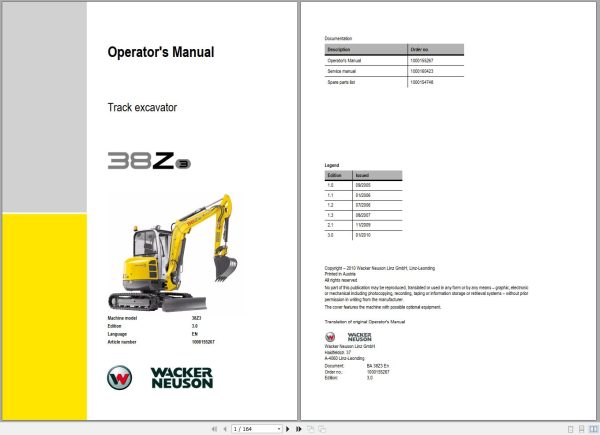 Wacker Neuson Excavator 38Z3 Operating Manual 1000155267 1