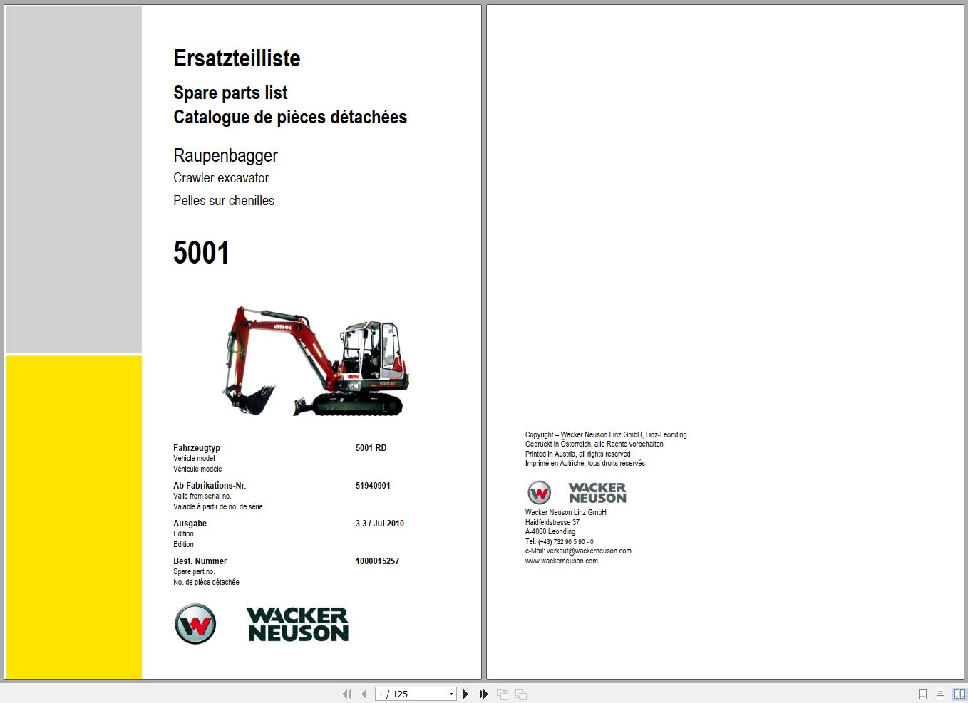 Wacker Neuson Excavator 5001 Spare Parts List 1000015257 1