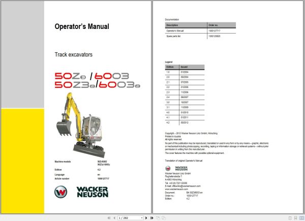 Wacker Neuson Excavator 50Z3 50Z3 2 6003 6003 2 Operating Manual 1000127717 1