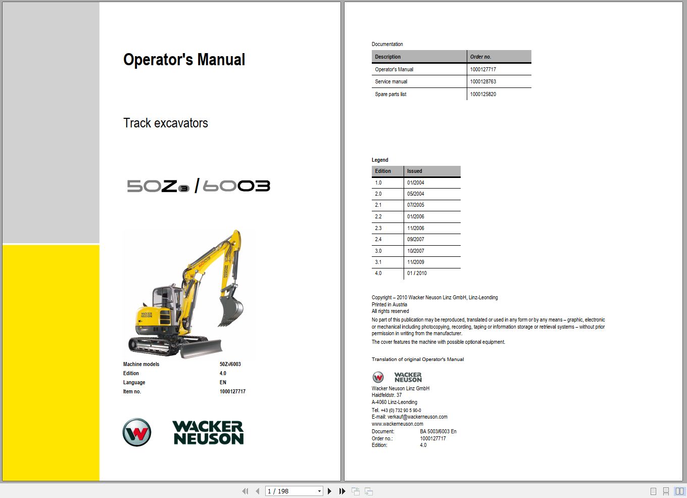 Wacker Neuson Excavator 50Z3 6003 Operating Manual 1000127717 1
