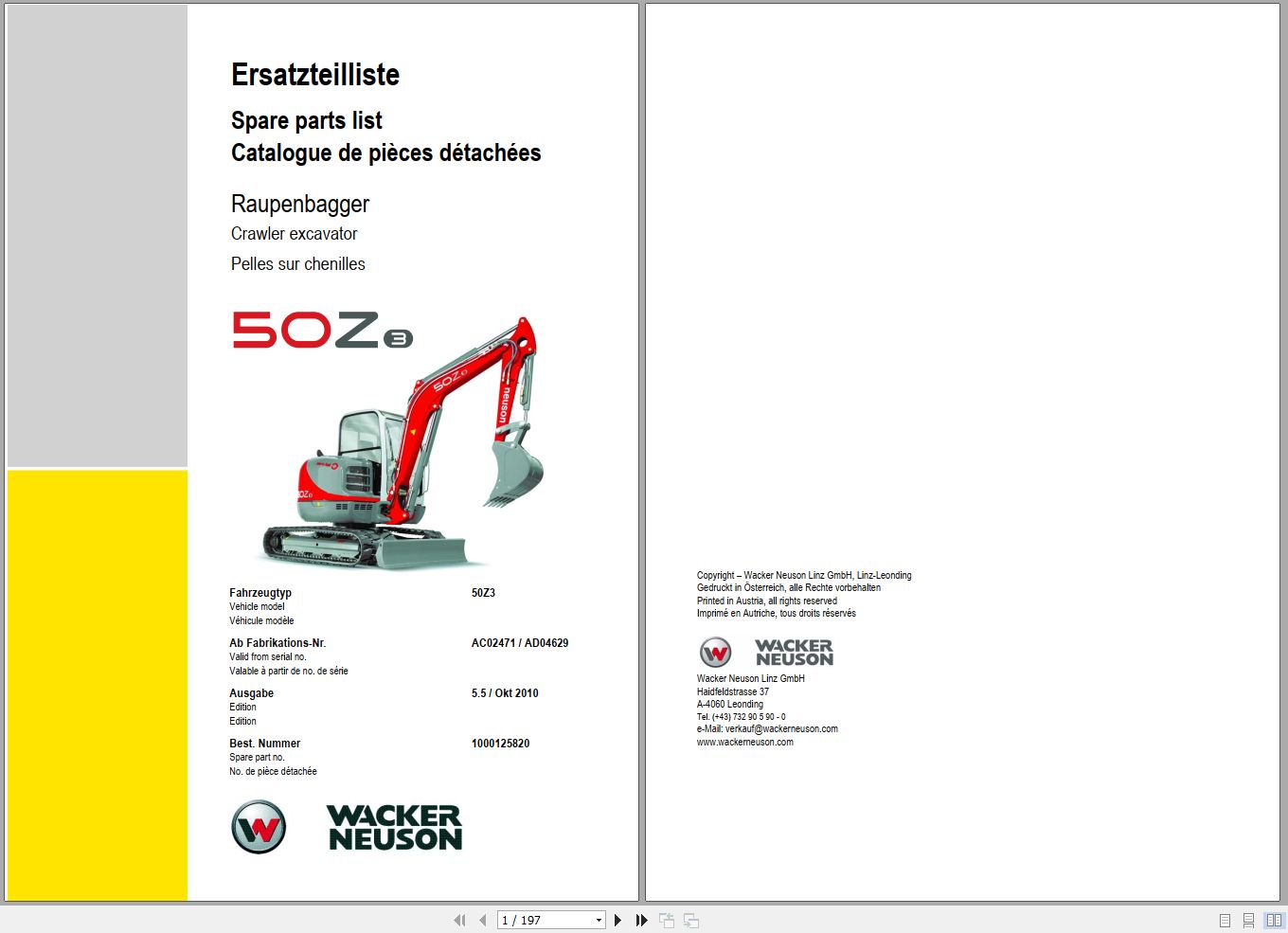 Wacker Neuson Excavator 50Z3 Spare Parts List 1000125820 1