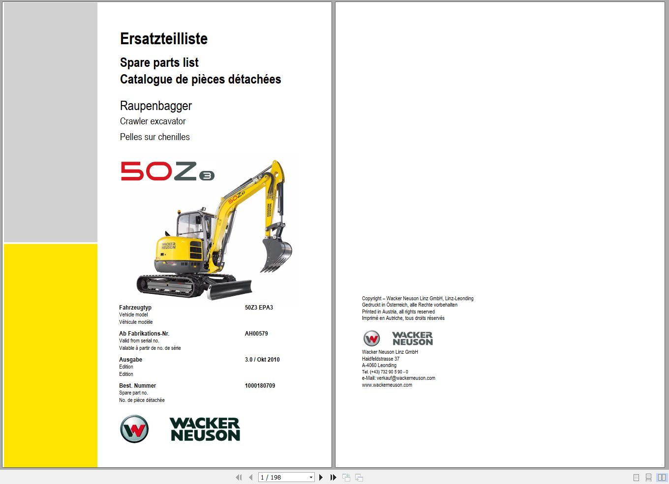 Wacker Neuson Excavator 50Z3 Spare Parts List 1000180709 1