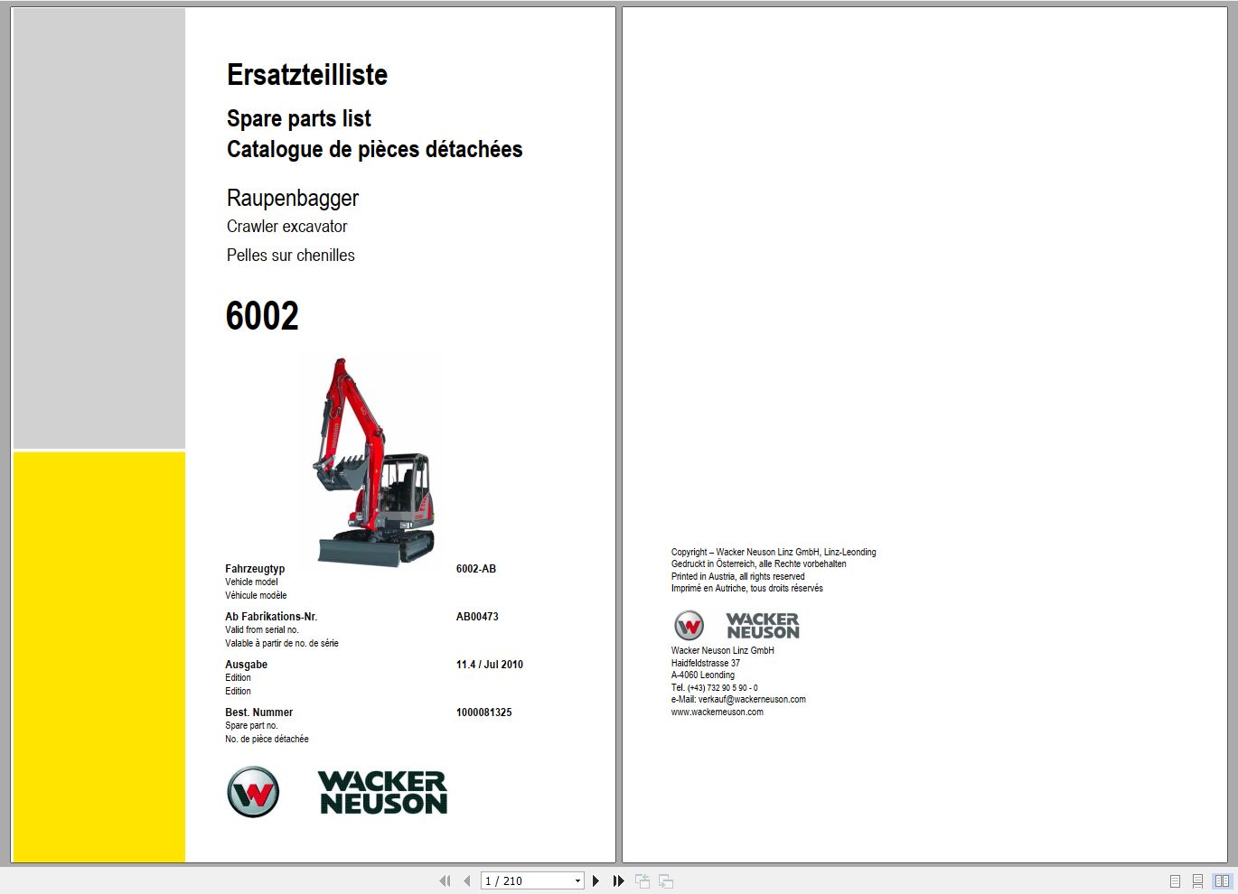 Wacker Neuson Excavator 6002 Spare Parts List 1000081325 1