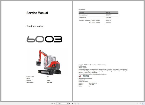 Wacker Neuson Excavator 6003 Service Manual and Diagram 1000129840 1