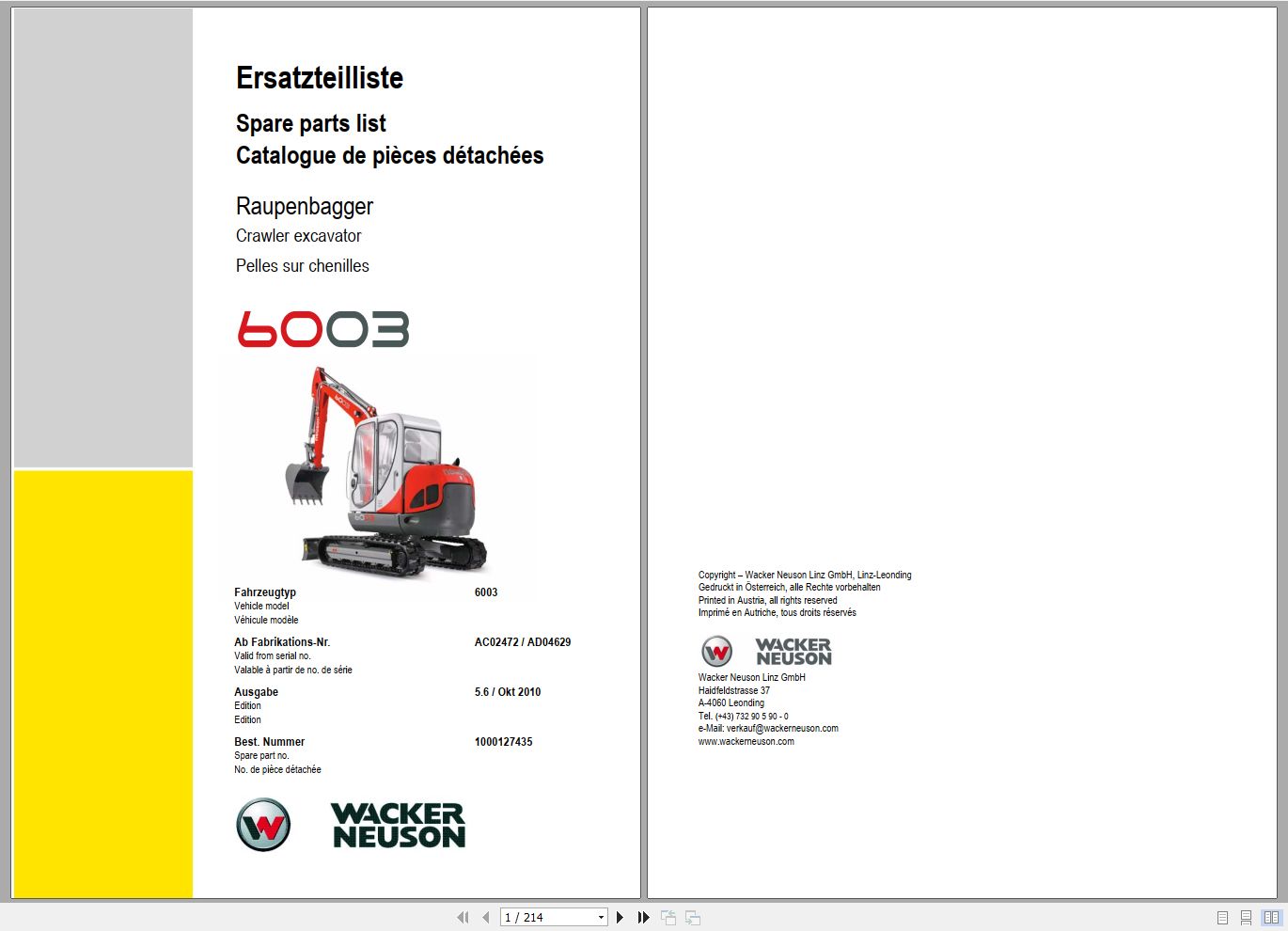 Wacker Neuson Excavator 6003 Spare Parts List 1000127435 1