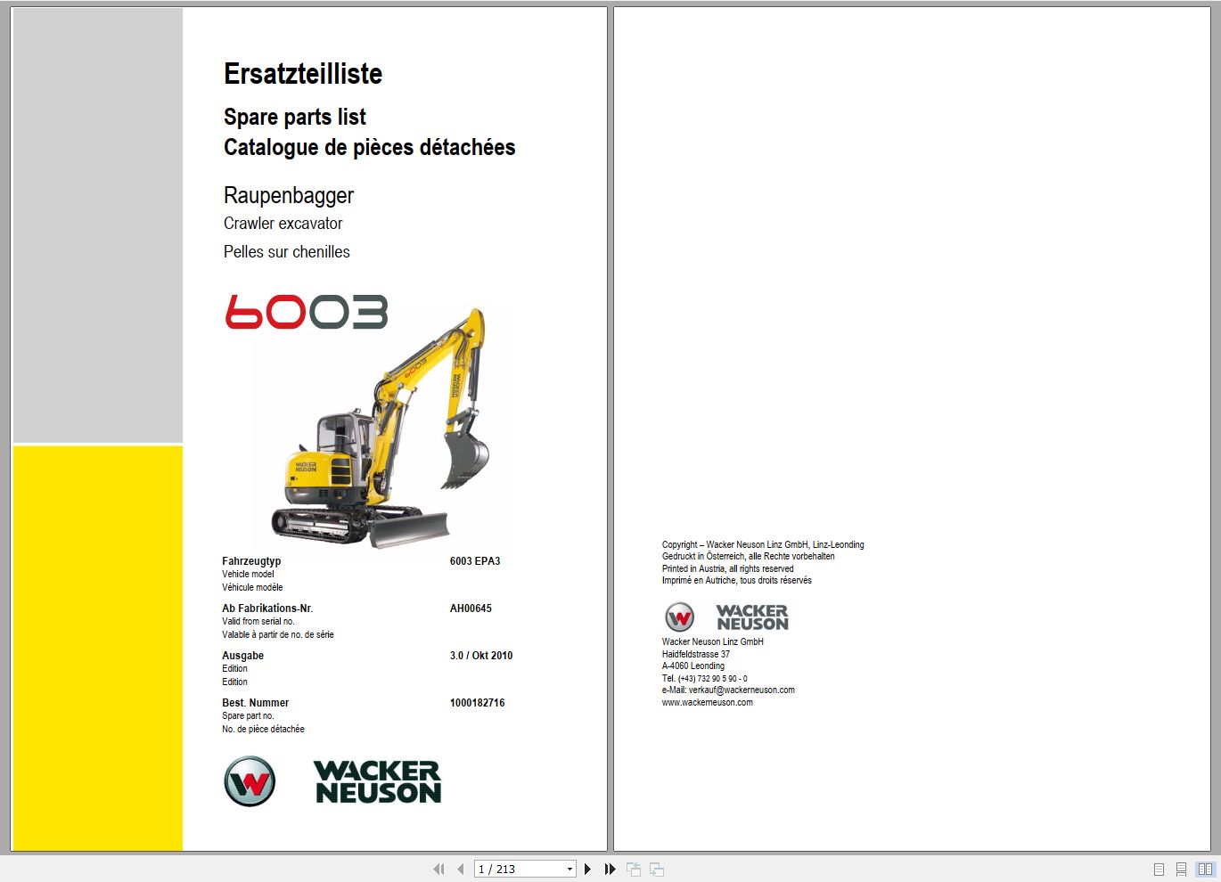 Wacker Neuson Excavator 6003 Spare Parts List 1000182716 1