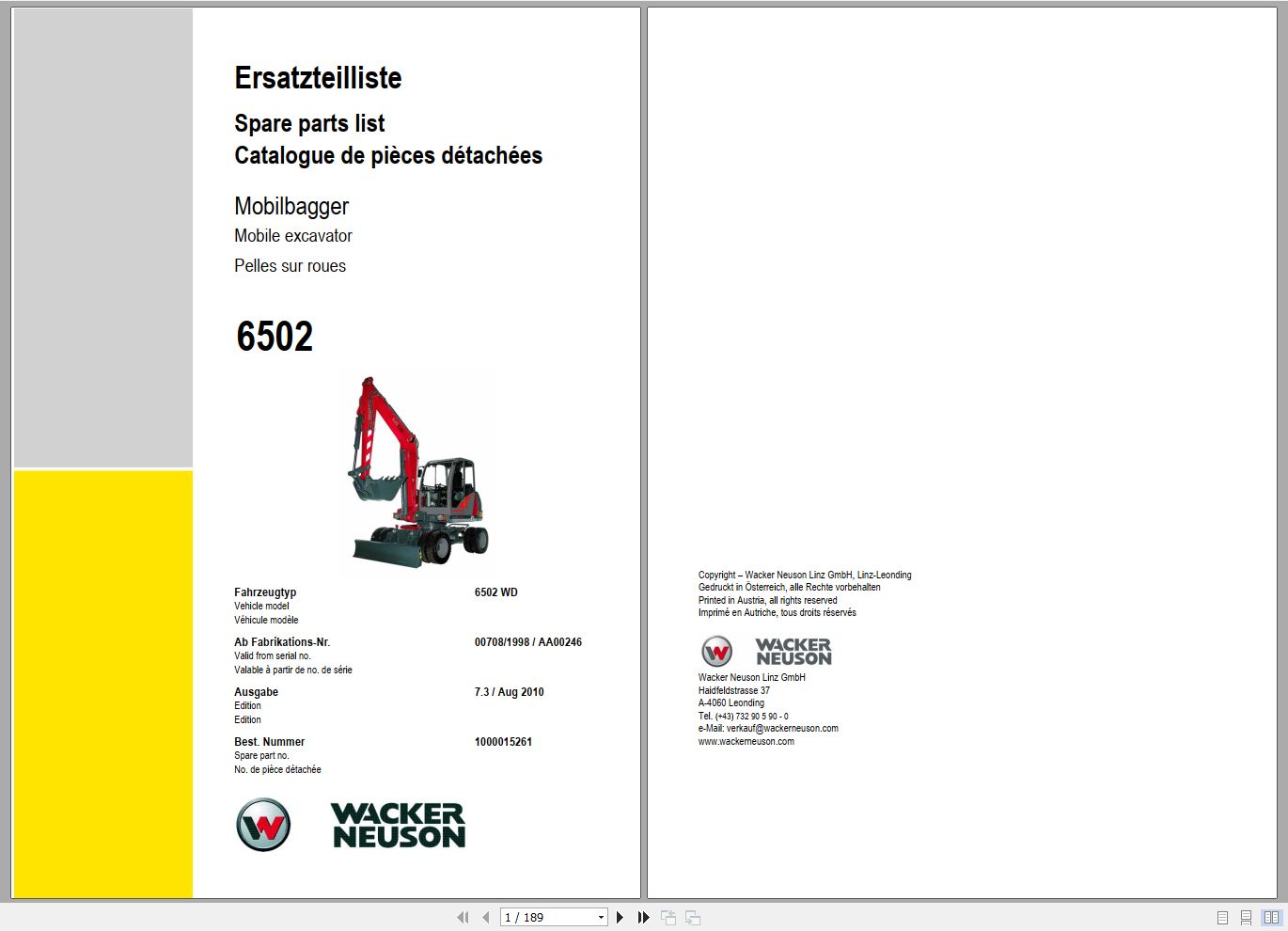Wacker Neuson Excavator 6502 Spare Parts List 1000015261 1
