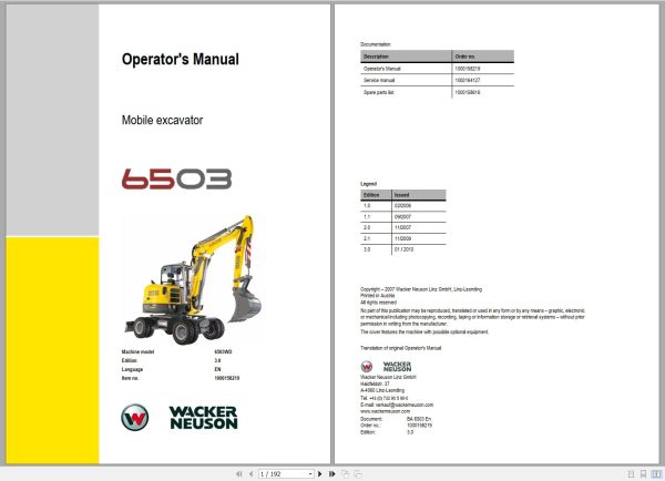 Wacker Neuson Excavator 6503 Operating Manual 1000158219 1