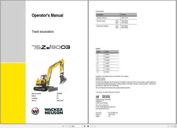Wacker Neuson Excavator 75Z3 8003 Operating Manual 1000132136 1