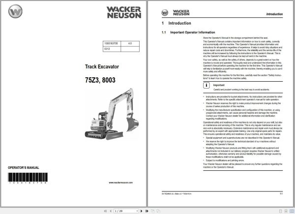 Wacker Neuson Excavator 75Z3 8003 Operating Manual 251192738 1