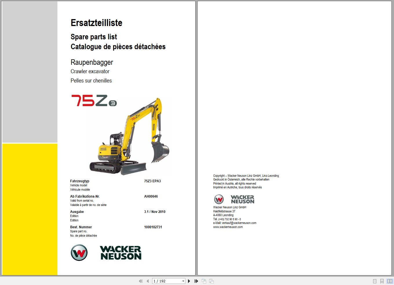 Wacker Neuson Excavator 75Z3 Spare Parts List 1000182731 1