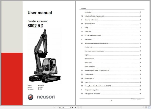 Wacker Neuson Excavator 8002 RD Operating Manual 9707687 1