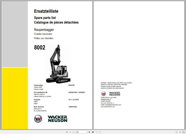 Wacker Neuson Excavator 8002 Spare Parts List 1000015262 1