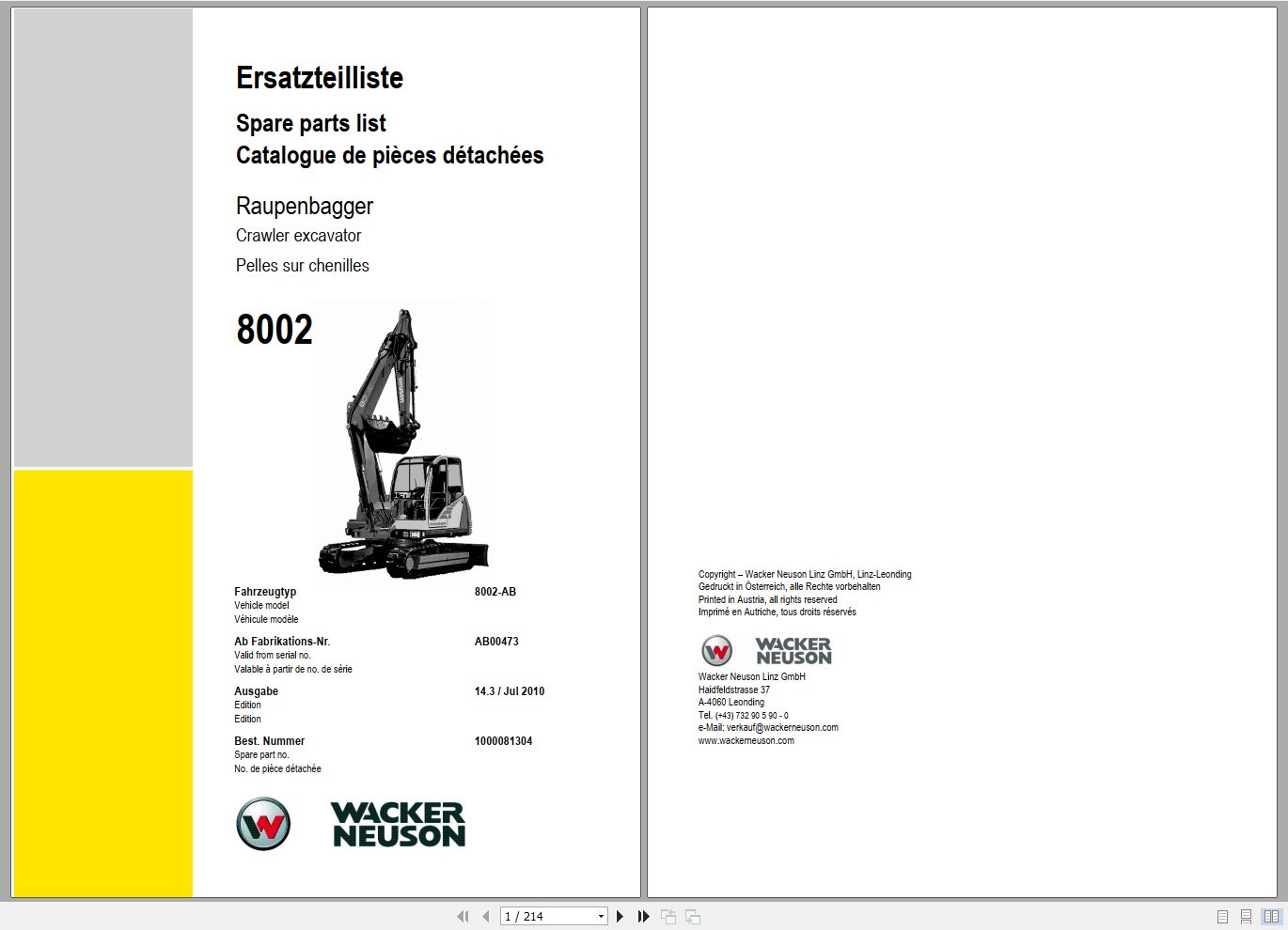 Wacker Neuson Excavator 8002 Spare Parts List 1000081304 1