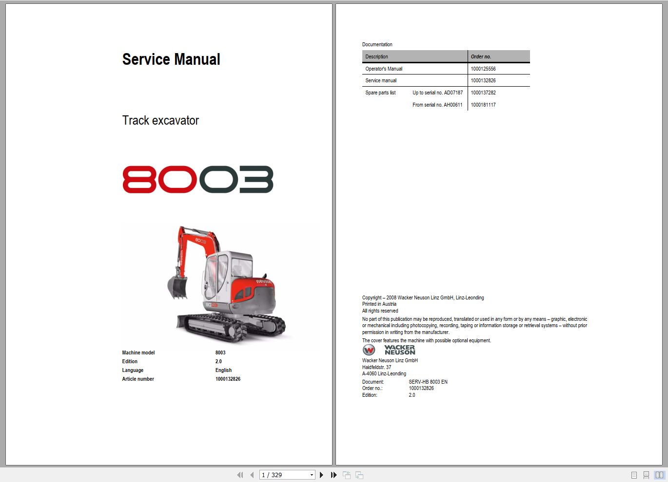 Wacker Neuson Excavator 8003 Service Manual and Diagram 1000132826 1