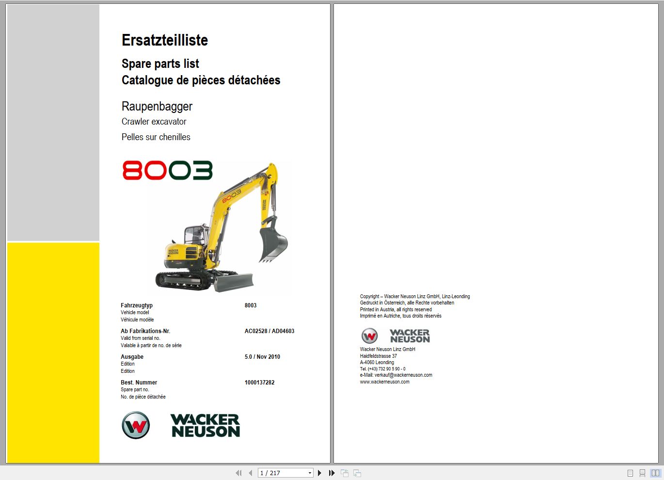 Wacker Neuson Excavator 8003 Spare Parts List 1000137282 1