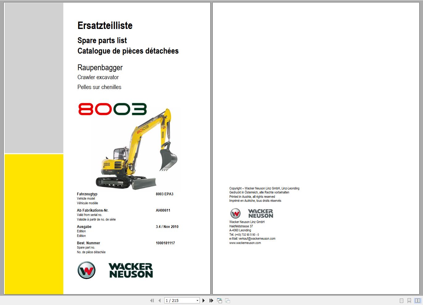 Wacker Neuson Excavator 8003 Spare Parts List 1000181117 1