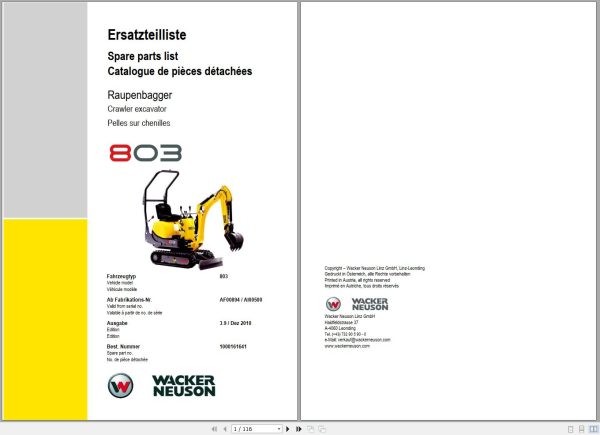Wacker Neuson Excavator 803 Spare Parts List 1000161641 1