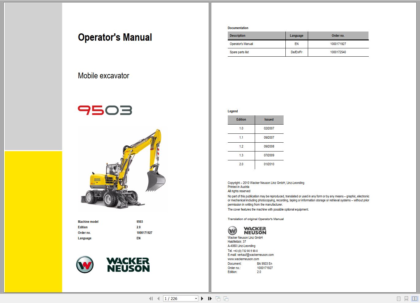 Wacker Neuson Excavator 9503 Operating Manual 1000171927 1